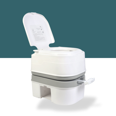 toilet is shown with the lid open from a side angle. The background is split horizontally (teal on top, white on bottom). The slide valve handle (used to open the waste tank) is pulled out slightly in the front center.