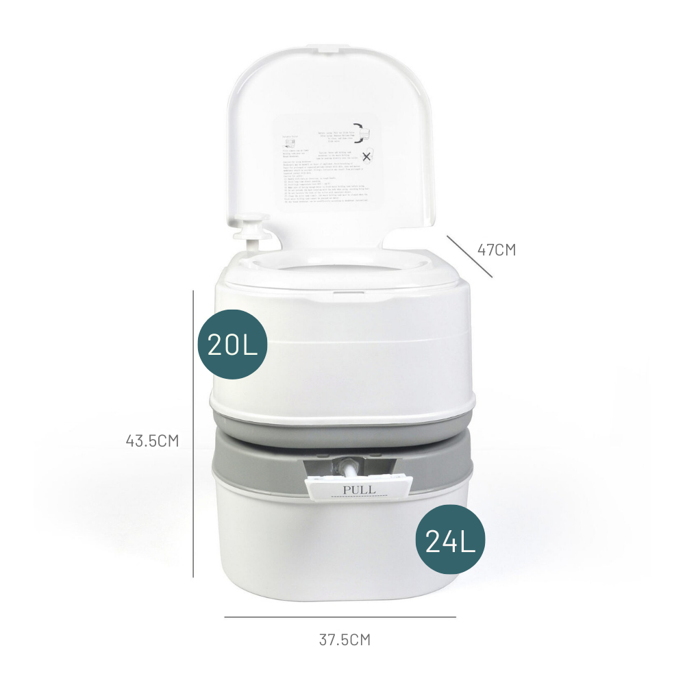 portable toilet on a white background with overlay graphics. It indicates the capacities of the two sections: 20L for the top flush tank and 24L for the bottom waste tank. Dimension lines indicate the height and width.