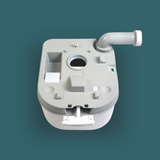 a top-down view of the detached bottom waste holding tank. It clearly shows the circular waste opening with its seal, the air relief button, and the grey rotating pour-out spout extended to the right.