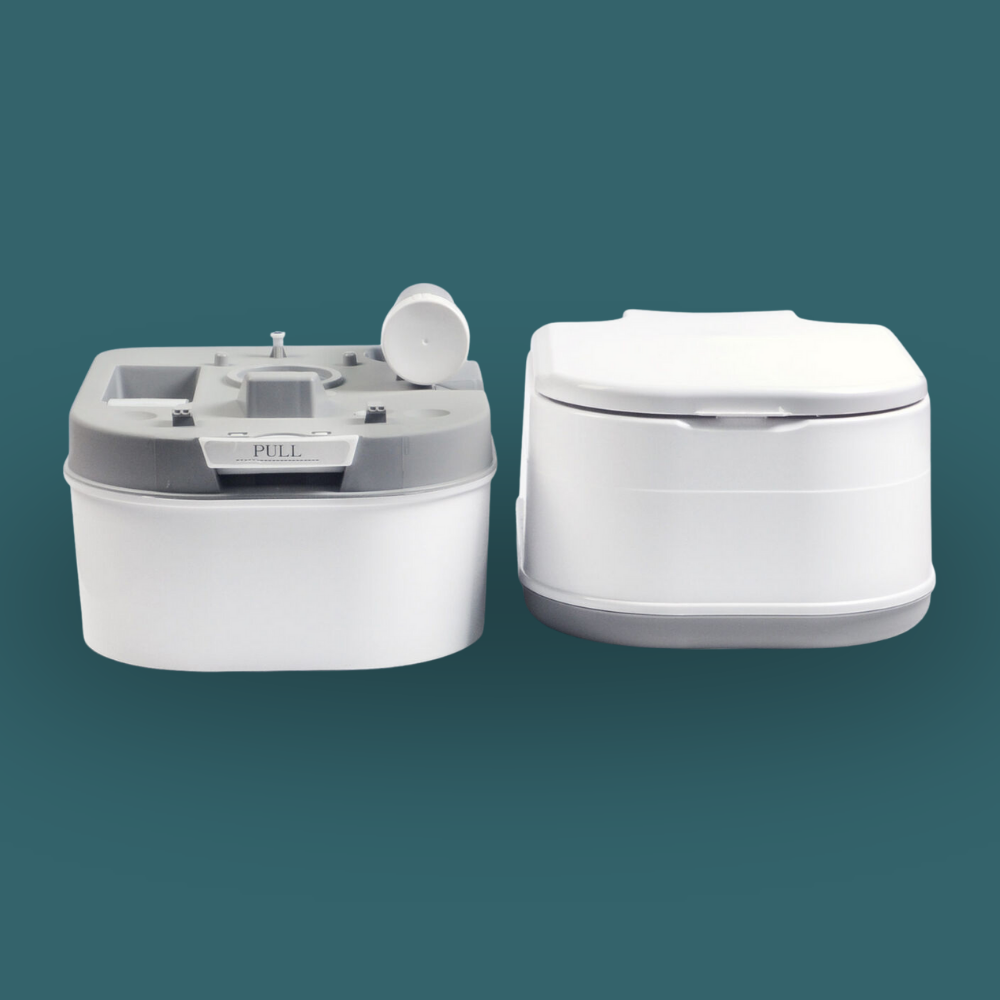 two main components separated side-by-side. On the left is the bottom waste tank (with the slide valve visible), and on the right is the top fresh water tank and seat assembly.