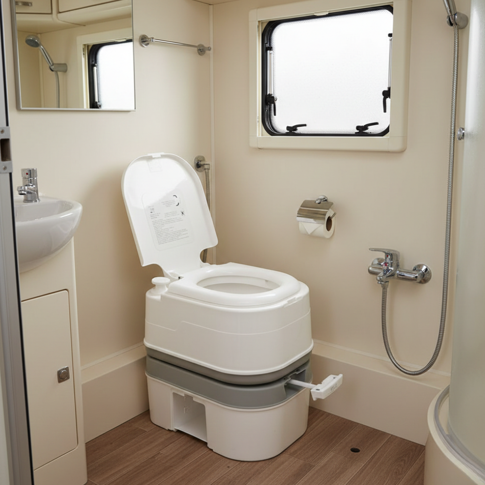 the portable toilet placed in a real-world setting, likely inside an RV, caravan, or small boat bathroom. It is situated on a wood-effect floor near a small sink and window.