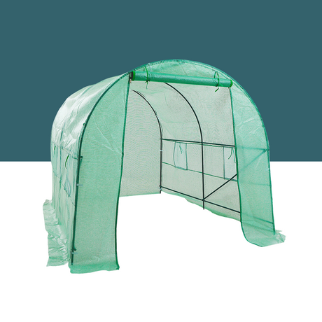 A side view of the greenhouse showcasing its compact yet functional design, with a teal background for emphasis.