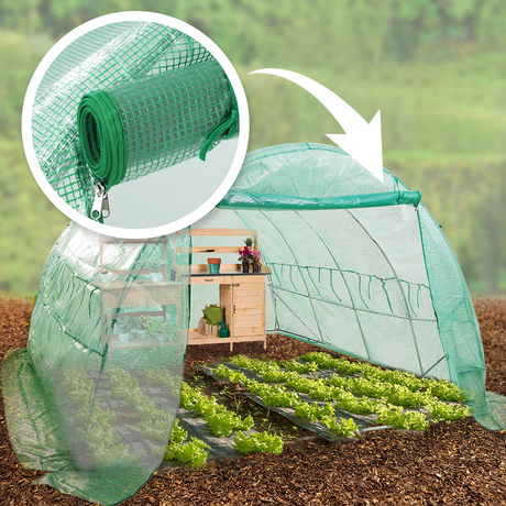 The greenhouse tunnel set up outdoors with plants growing inside. A close-up shows a rolled-up greenhouse cover with a zipper, indicating easy access and storage.