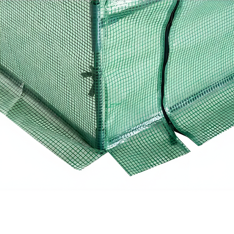 Close-up of the bottom edge of the greenhouse cover, showing secure stitching and fasteners to keep it in place