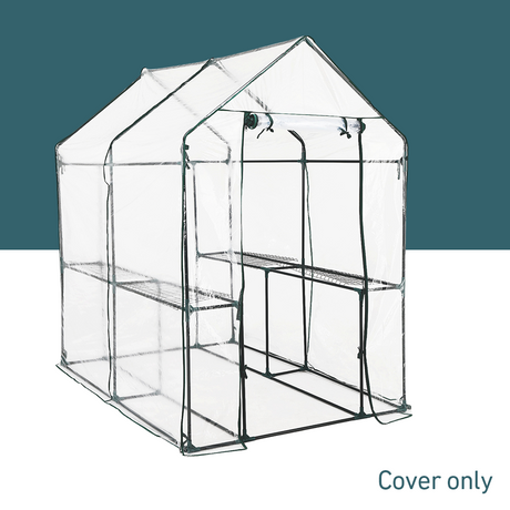 Image showing a clear PVC greenhouse cover with a sturdy metal frame, providing a transparent enclosure suitable for plant growth while protecting from elements