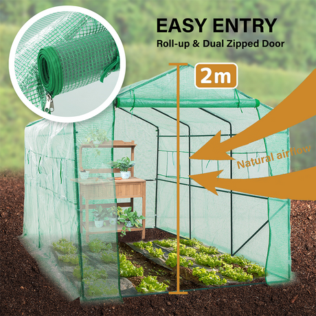 Close-up of the greenhouse’s roll-up, dual-zippered door feature for easy entry