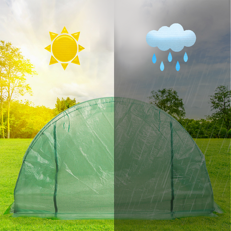 A green, tunnel-shaped greenhouse in an outdoor setting. The left half is highlighted by a bright sun icon representing sunny weather, while the right half shows a rain cloud with droplets, indicating rain