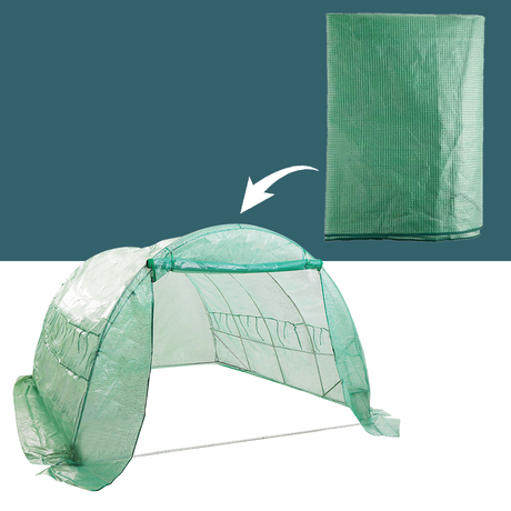 A green tunnel greenhouse with an arrow pointing to a folded, spare cover displayed on the right side, emphasising the included greenhouse material