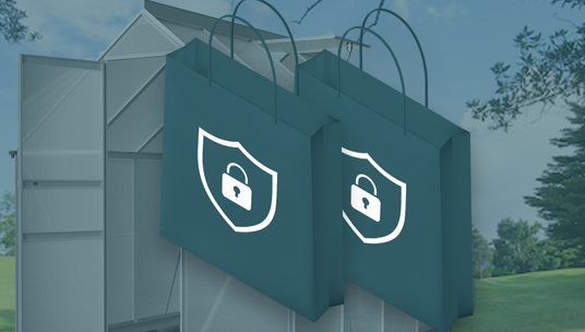 Image of a secure storage shed in a backyard, overlaid with two large shopping bags featuring lock symbols, representing security and protection