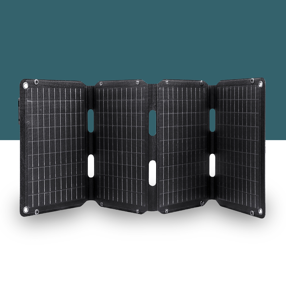 A JumpsPower 60W portable foldable solar panel displayed in a fully open position against a clean, dark teal background, showcasing its compact and efficient design.

