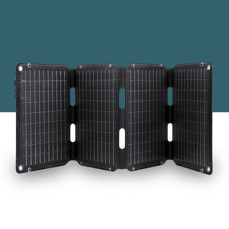 A JumpsPower 60W portable foldable solar panel displayed in a fully open position against a clean, dark teal background, showcasing its compact and efficient design.

