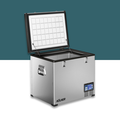 Kolner 75L 12V/24V/240V Portable Fridge Chest Freezer with open door on a white background