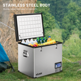 Portable refrigerator with food and drinks outdoors, featuring a stainless steel body.