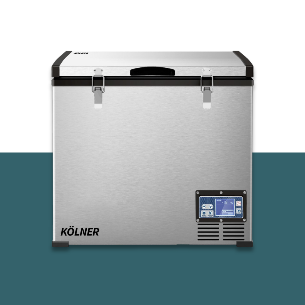Kolner 75L 12V/24V/240V Portable Fridge Chest Freezer on a white and tea  background