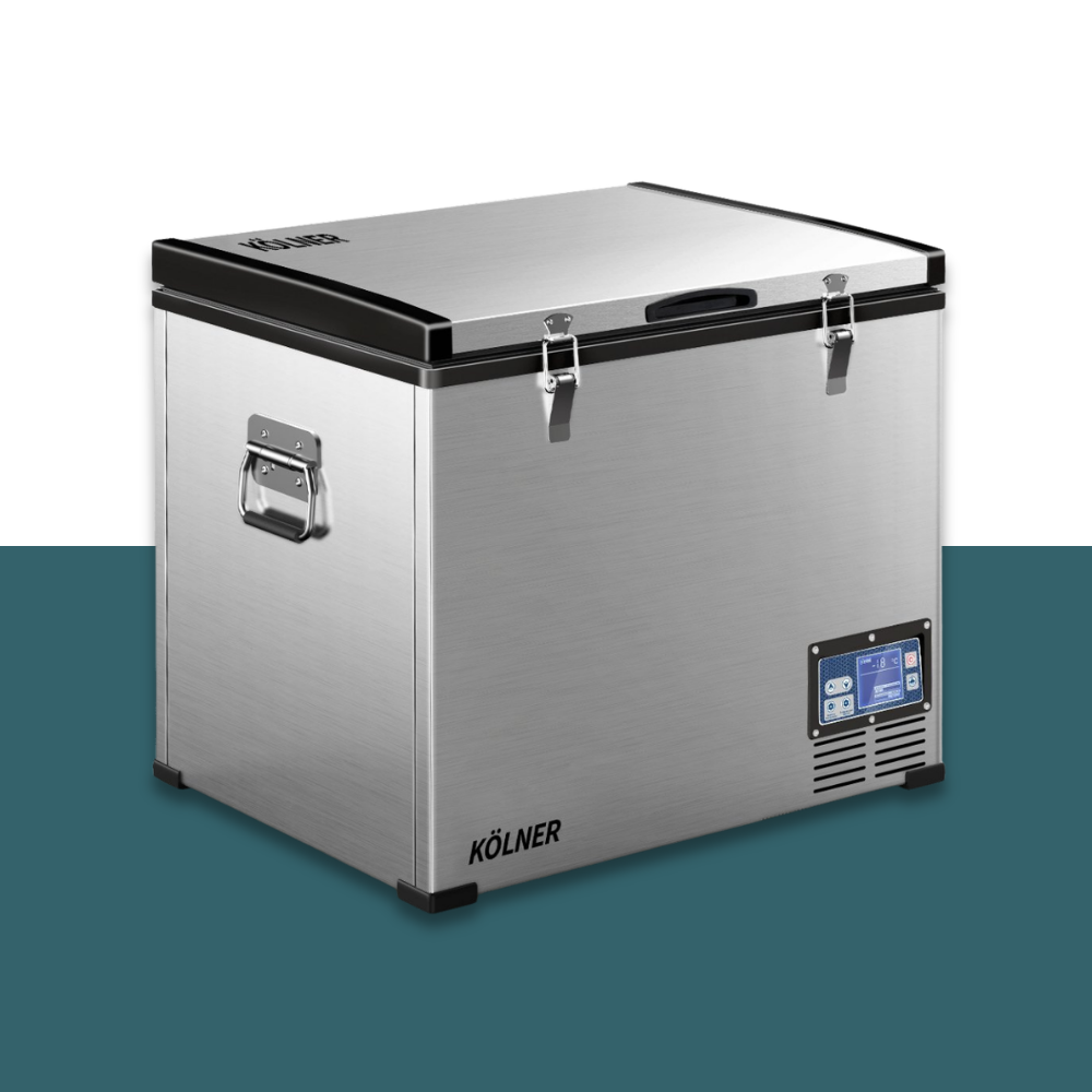 Kolner 75L 12V/24V/240V Portable Fridge Chest Freezer on a two-tone background