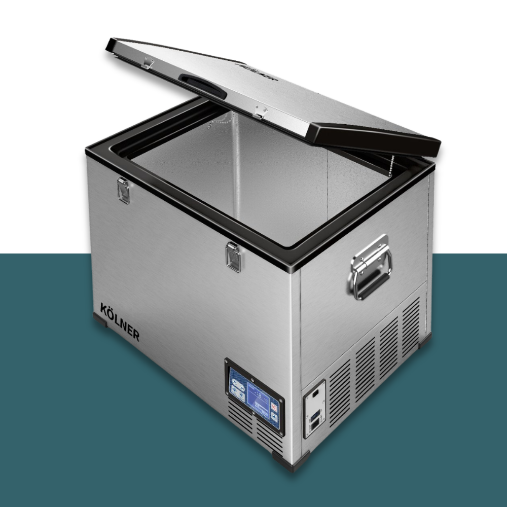 Portable refrigerator with open door on a white background