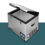 Portable refrigerator with open door on a white background