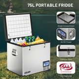 75L portable fridge with food items on a grassy background, featuring SAA approval logo.