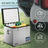 Kolner 75L portable cooler with food items and features highlighted, next to an open car trunk.