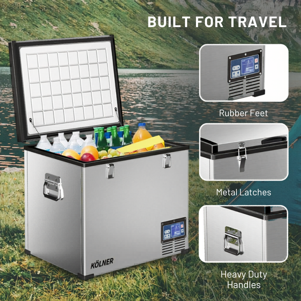Portable cooler with food items on grass by a lake, featuring text 'Built for Travel' and product features.