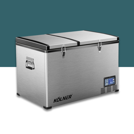 Kolner 80L 12V/24V/240V Portable Fridge Chest Freezer with digital display on a white and teal background