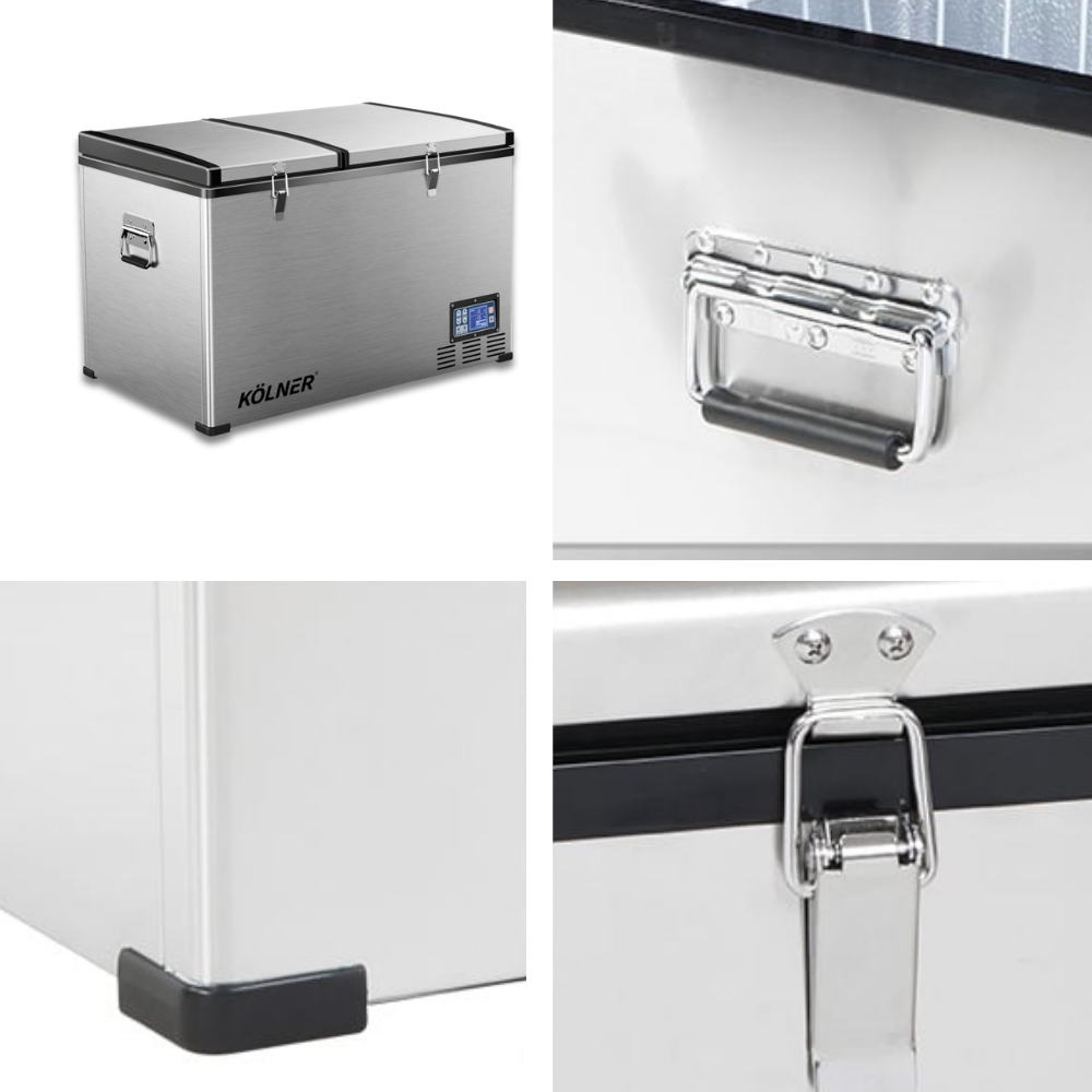 Stainless steel cooler box with Kölner branding, showing front, side, and corner views.