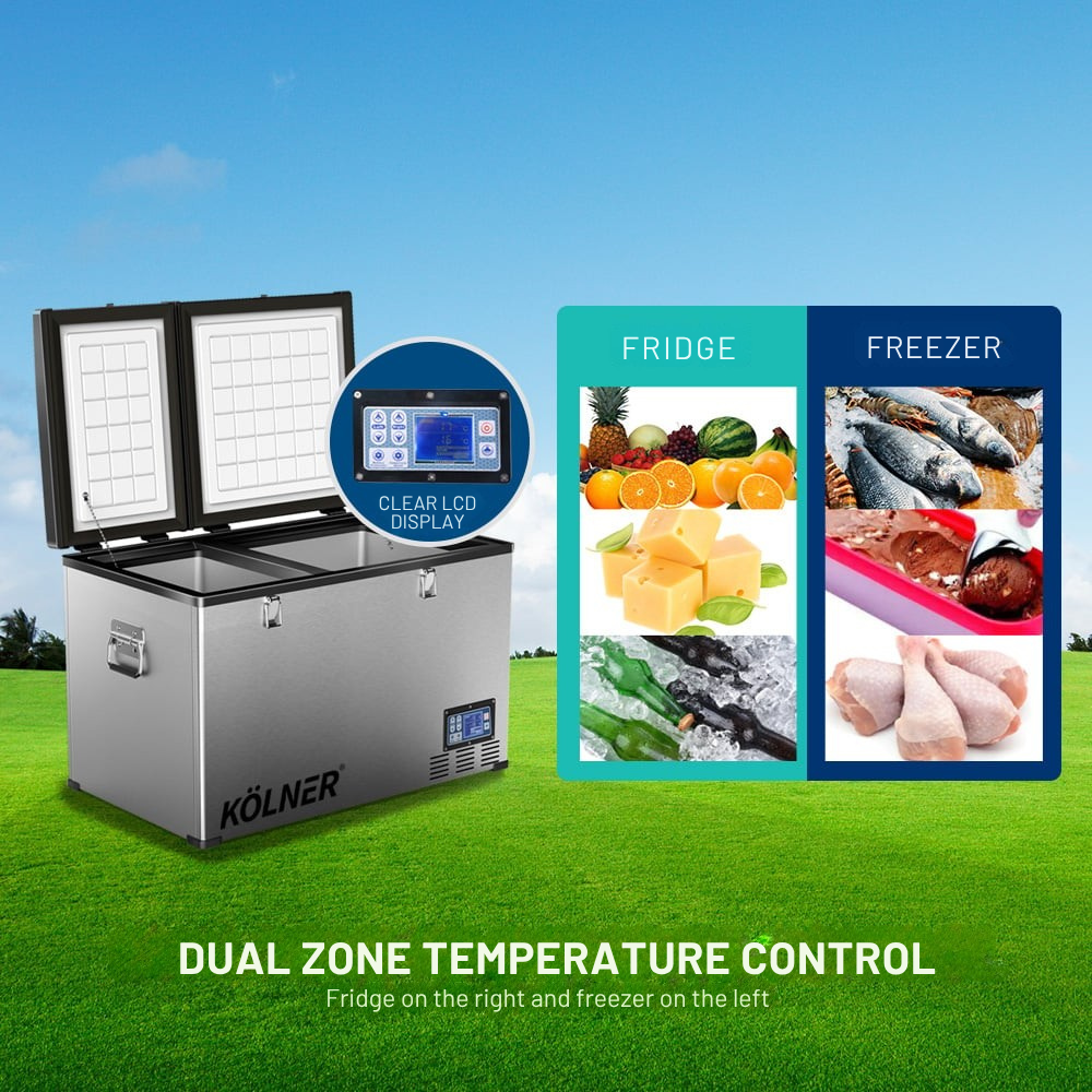 Kölner dual zone temperature control refrigerator with open doors on a grassy field background.