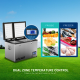 Kölner dual zone temperature control refrigerator with open doors on a grassy field background.