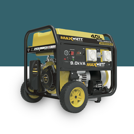 An angled view of the generator, showing its sturdy construction, ergonomic handle, and large wheels, highlighting its ease of mobility.