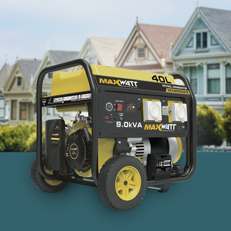 The MaxWatt 9kVA petrol generator displayed in front of a suburban home. The image highlights its portability and design, ideal for home backup power needs.