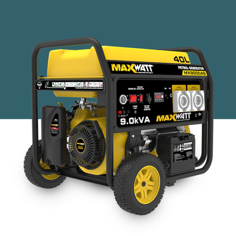 An angled side view of the generator, highlighting the ergonomic design, pull-start mechanism, and ease of handling with sturdy wheels and a handle.