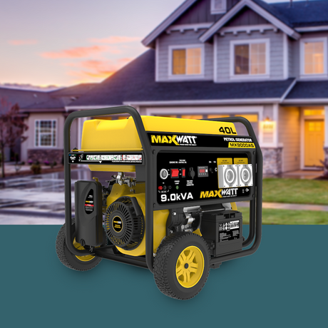 A MaxWatt petrol generator set against a residential backdrop at dusk. It showcases the unit's sturdy build, yellow and black colour scheme, large 40L fuel tank, and robust wheels for portability. Ideal for home backup solutions.