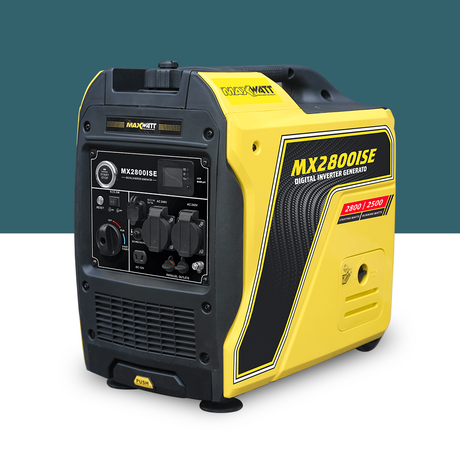 Angled side view of the Maxwatt MX2800ISE generator, displaying its yellow and black casing with branding, highlighting its compact and portable design.