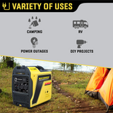 A promotional lifestyle image showing the Maxwatt MX2800ISE generator at a camping site near a tent by a lake. Text overlays highlight the generator's various uses, including for camping, RVs, power outages, and DIY projects.