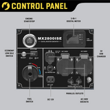 A close-up view of the control panel of the Maxwatt MX2800ISE Digital Inverter Generator. Features labelled include engine start/stop button, 3-in-1 digital meter, economy low idle switch, AC 240V sockets, parallel outlets, DC 12V, 5V USB charger, and the fuel switch.