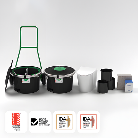 Composting toilet system components – A full kit display including the composting chamber, ventilation system, and additional accessories.