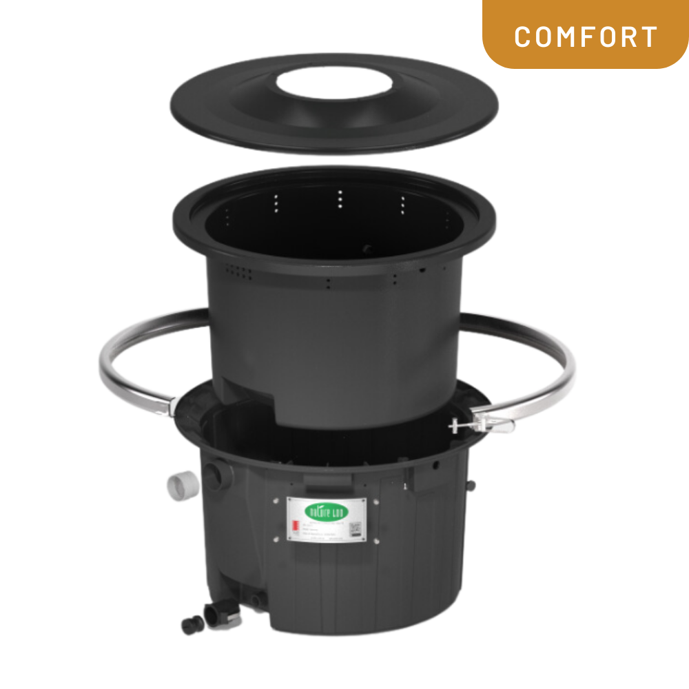 Black compost bin with a lid on a white background