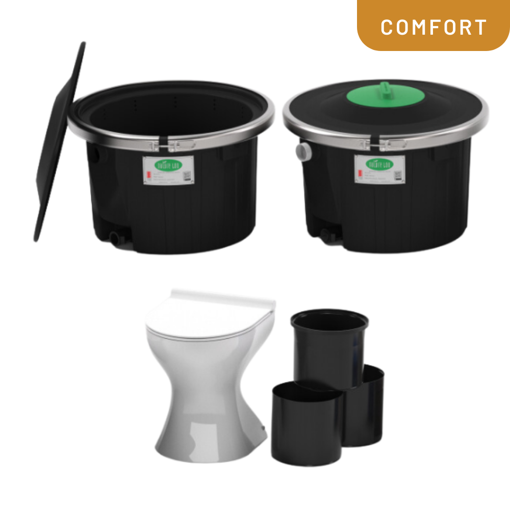 Black composting units with lids and a white toilet on a white background