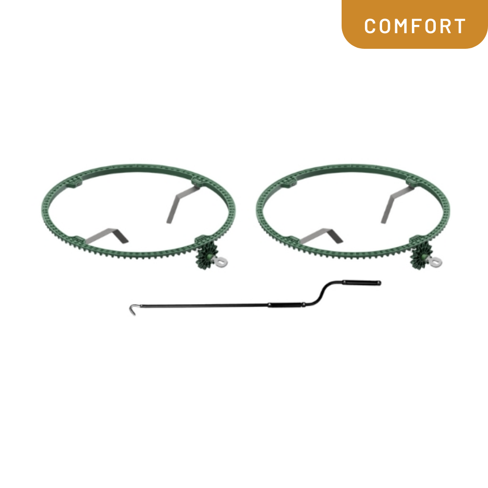 Two green circular metal parts with a black tool on a white background, labeled 'Comfort'.