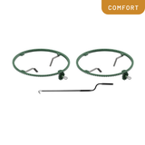 Two green circular metal parts with a black tool on a white background, labeled 'Comfort'.