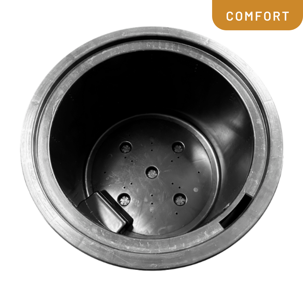 Close-up of a black metal sink basin with 'Comfort' label on a white background