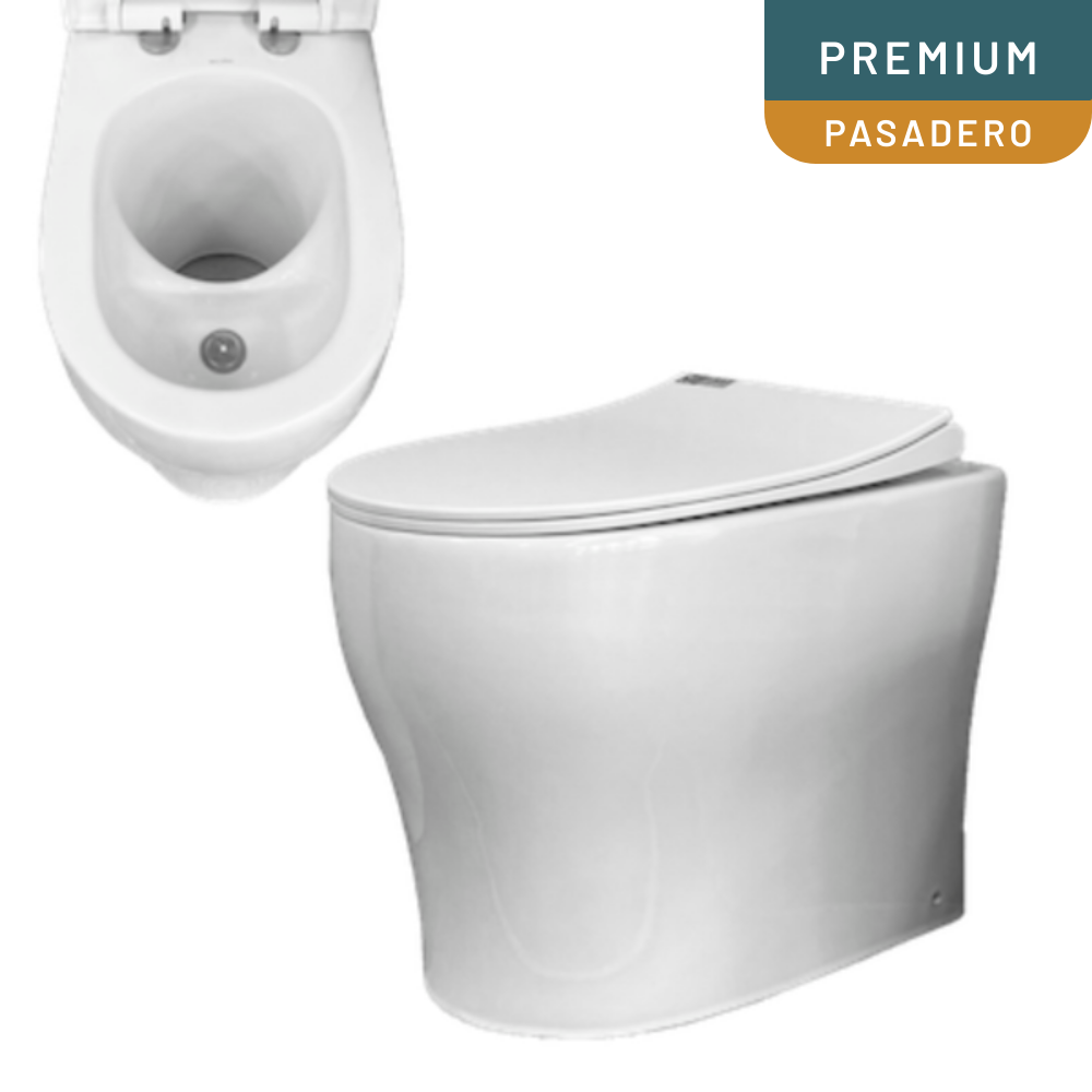 White wall-mounted toilet with closed lid on a white background, featuring 'Premium Pasadero' branding.