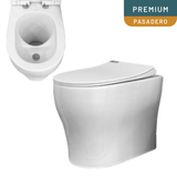 White wall-mounted toilet with closed lid on a white background, featuring 'Premium Pasadero' branding.