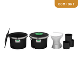 Set of black buckets with lids and a white chair on a white background, labeled 'Comfort'.