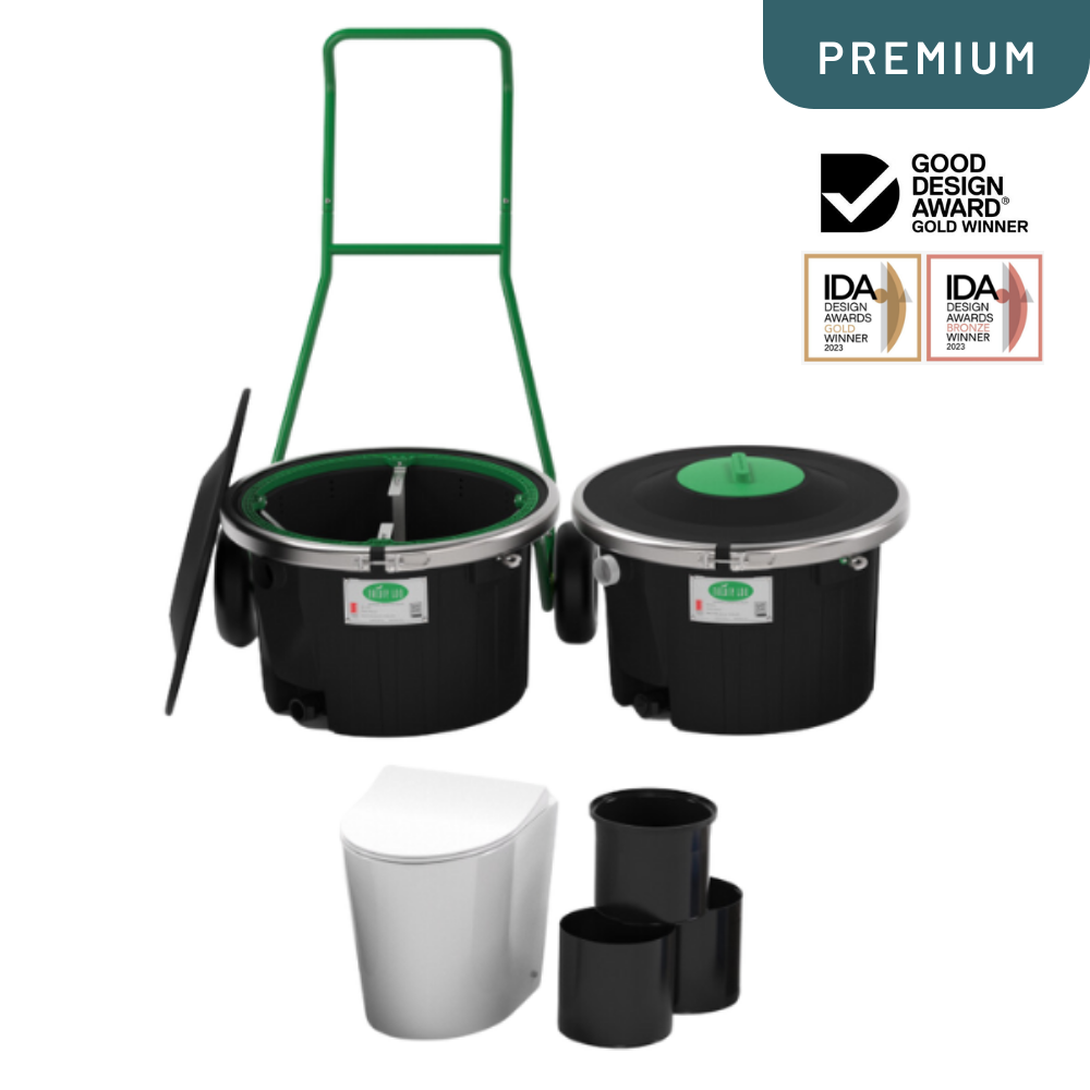 Set of black trash cans with a white trash bin and green handle, featuring Good Design Award and IDA Gold Winner badges.