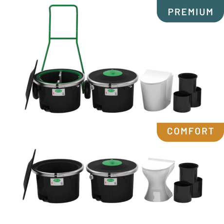 Comparison of Premium and Comfort composting toilet kits, featuring collection bins, pedestals, and a transport trolley.