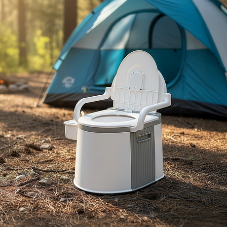 portable toilet placed on the forest floor in front of a blue camping tent. The setting is outdoors with natural lighting, highlighting its use for camping trips.