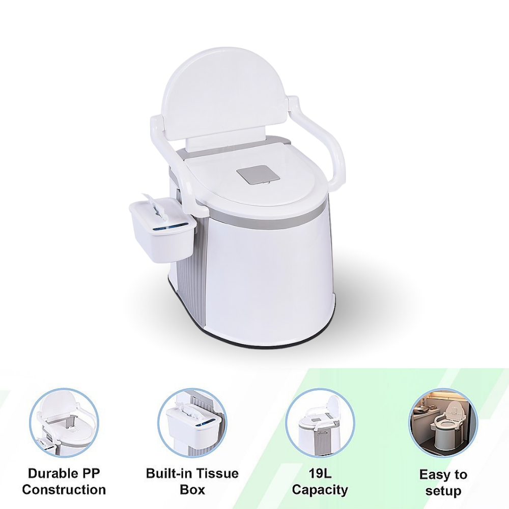 product is shown on a white background. Below the toilet, there are four circular icons highlighting key features: "Durable PP Construction," "Built-in Tissue Box," "19L Capacity" (or similar capacity text), and "Easy to setup."