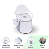 product is shown on a white background. Below the toilet, there are four circular icons highlighting key features: "Durable PP Construction," "Built-in Tissue Box," "19L Capacity" (or similar capacity text), and "Easy to setup."