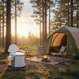 A wider, atmospheric shot of a campsite at sunset or sunrise. The toilet is positioned to the left, near a tent, camping chairs, and a small campfire, illustrating a complete campsite setup.